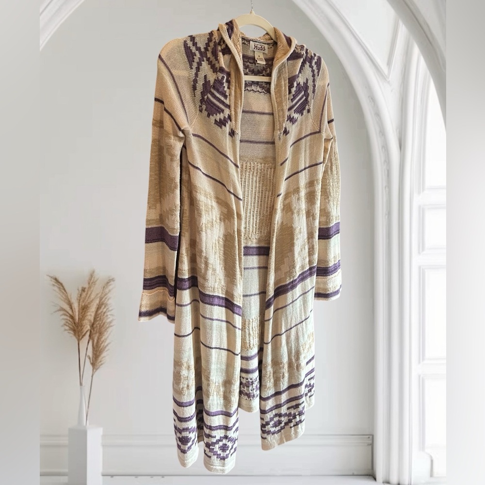 VINTAGE Y2K MUDD Long Duster Cardigan Aztec Print Hooded Sweater‎ S